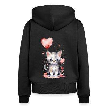 Verspielte Katze mit Herzballon - Aquarell - Frauen Premium Bio Zip Hoodie - Schwarz - Hinten - Julia (174cm)