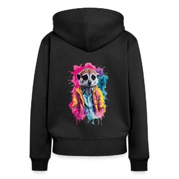 Surikat coloré à l’aquarelle, néon. Illustration - Sweat à capuche zippé Premium bio Femme - noir - Dos - Julia (174cm)