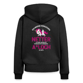 Einhorn böse nett frech Geschenkidee fun - Frauen Premium Bio Zip Hoodie - Schwarz - Hinten - Julia (174cm)
