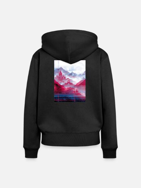 Psy-Art - Tempel über Berglandschaft - Frauen Premium Bio Zip Hoodie - Schwarz