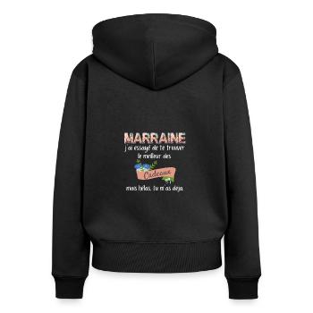 Marraine Humour Cadeau baptême et Anniversaire - Sweat à capuche zippé Premium bio Femme - noir - Dos - Julia (174cm)