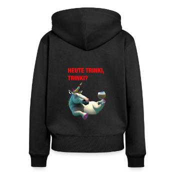 Betrunkenes Einhorn auf dem Rücken „HEUTE TRINKI?“ - Frauen Premium Bio Zip Hoodie - Schwarz - Hinten - Julia (174cm)