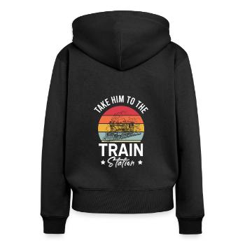 Vintage Train T-Shirt für Eisenbahnliebhaber - Frauen Premium Bio Zip Hoodie - Schwarz - Hinten - Julia (174cm)