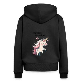 "Träume groß und denk pink" Einhorn-Edition - Frauen Premium Bio Zip Hoodie - Schwarz - Hinten - Julia (174cm)