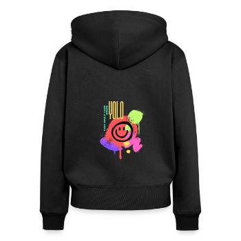 YOLO T-Shirt – Lebe den Moment! - Frauen Premium Bio Zip Hoodie - Schwarz - Hinten - Julia (174cm)