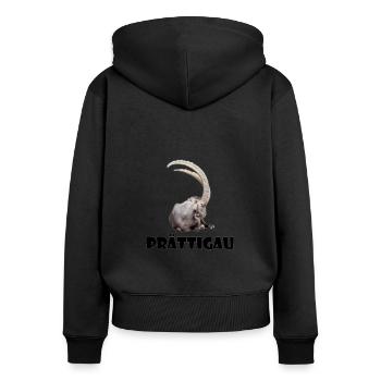 Prättigau Shirt – Steinbock Design für Bündner - Frauen Premium Bio Zip Hoodie - Schwarz - Hinten - Julia (174cm)