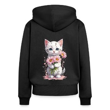 Playful Kitten with Flowers - Watercolor - Women's Premium Organic Zip Hoodie - black - Back - Julia (174cm)