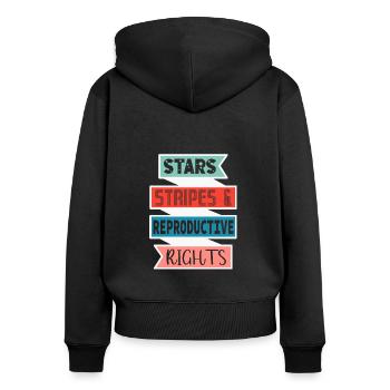 Rayures étoilées et droits de reproduction - Sweat à capuche zippé Premium bio Femme - noir - Dos - Julia (174cm)