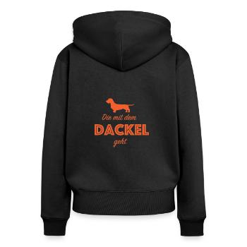 Die mit dem Dackel geht... - Frauen Premium Bio Zip Hoodie - Schwarz - Hinten - Julia (174cm)