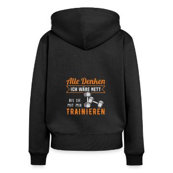 Fitness Ausdauer Muskeltraining Sport Fitness - Frauen Premium Bio Zip Hoodie - Schwarz - Hinten - Julia (174cm)