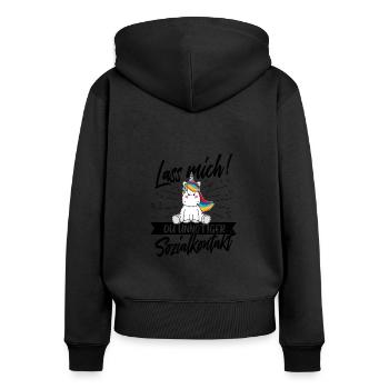 Lass mich unnötiger Sozialkontakt Einhorn Humor - Frauen Premium Bio Zip Hoodie - Schwarz - Hinten - Julia (174cm)