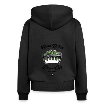 hard work stay clean by haka - Frauen Premium Bio Zip Hoodie - Schwarz - Hinten - Julia (174cm)