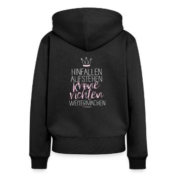 krone-richten.png - Frauen Premium Bio Zip Hoodie - Schwarz - Hinten - Julia (174cm)