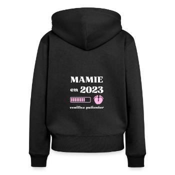 mamie 2023 humour annonce grossesse grand mere - Sweat à capuche zippé Premium bio Femme - noir - Dos - Julia (174cm)
