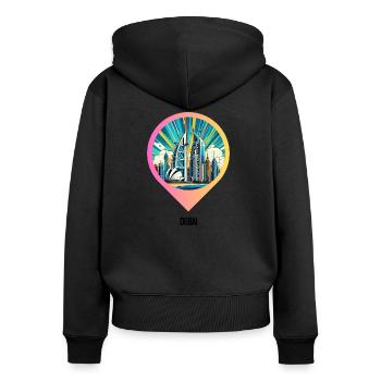 AI Design: Comic Cityscape of Dubai - Frauen Premium Bio Zip Hoodie - Schwarz - Hinten - Julia (174cm)