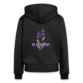 BE DIFFERENT – Lavendel Blumenliebe Affirmationen - Frauen Premium Bio Zip Hoodie - Schwarz - Hinten - Julia (174cm)