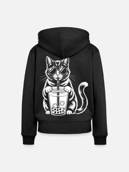 Katze mit Bubble Tee - Frauen Premium Bio Zip Hoodie - Schwarz
