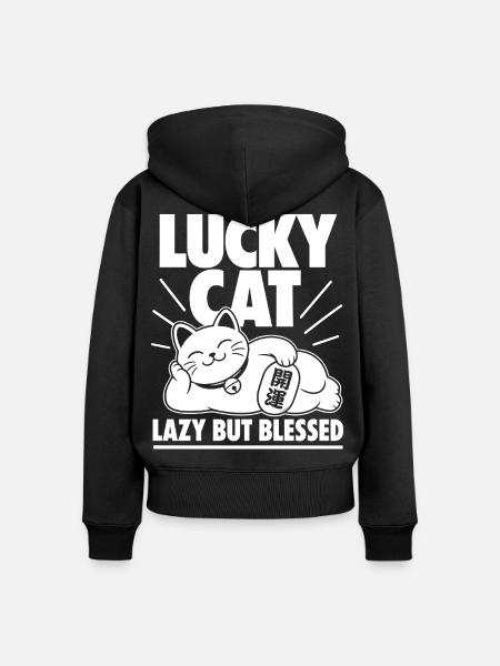 Lucky Cat Lazy - Frauen Premium Bio Zip Hoodie - Schwarz
