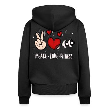 Peace Love Fitness - Frauen Premium Bio Zip Hoodie - Schwarz - Hinten - Julia (174cm)
