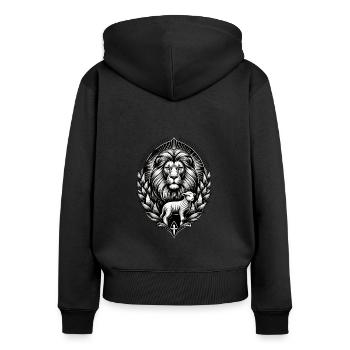 Christliche Kleidung Löwe und Lamm - Frauen Premium Bio Zip Hoodie - Schwarz - Hinten - Julia (174cm)