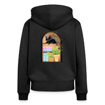 Katze auf kuppelförmigem Bücherregal mit Pflanzen - Frauen Premium Bio Zip Hoodie - Schwarz - Hinten - Julia (174cm)