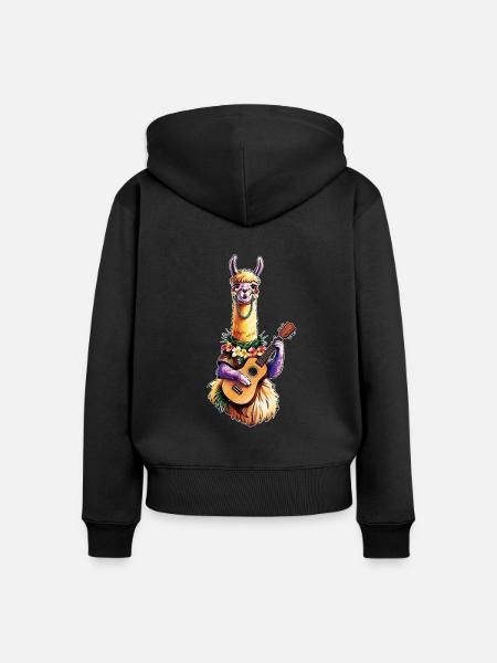 Lama spielt Ukulele - bunt - Frauen Premium Bio Zip Hoodie - Schwarz
