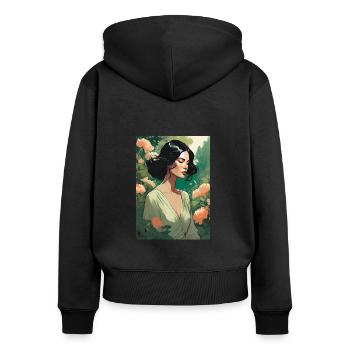 Belle femme aux cheveux noirs dans le champ de fleurs cadeau - Sweat à capuche zippé Premium bio Femme - noir - Dos - Julia (174cm)