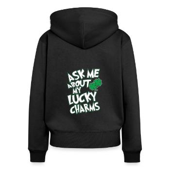Frag Mich Nach Meinen Glücksbringern - Frauen Premium Bio Zip Hoodie - Schwarz - Hinten - Julia (174cm)