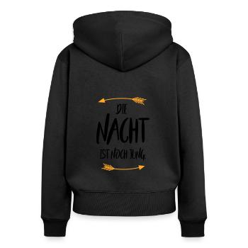 Sprüche Die Nacht ist noch jung - Frauen Premium Bio Zip Hoodie - Schwarz - Hinten - Julia (174cm)