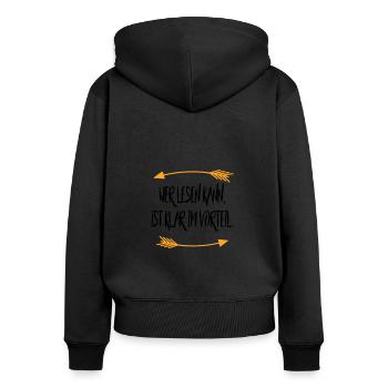 Wer lesen kann ist klar im Vorteil Sprüche - Frauen Premium Bio Zip Hoodie - Schwarz - Hinten - Julia (174cm)