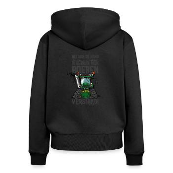 0197 grüner Traktor, nix auf der Hand - Frauen Premium Bio Zip Hoodie - Schwarz - Hinten - Julia (174cm)