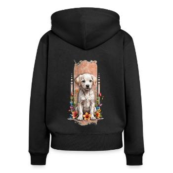 Blumenbegleiter: Labrador-Welpe inmitten von Blüten - Frauen Premium Bio Zip Hoodie - Schwarz - Hinten - Julia (174cm)
