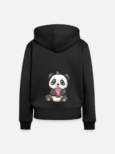 Niedlicher Panda mit Tee - Frauen Premium Bio Zip Hoodie - Schwarz