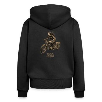 1963 Frau mit Motorrad - Frauen Premium Bio Zip Hoodie - Schwarz - Hinten - Julia (174cm)
