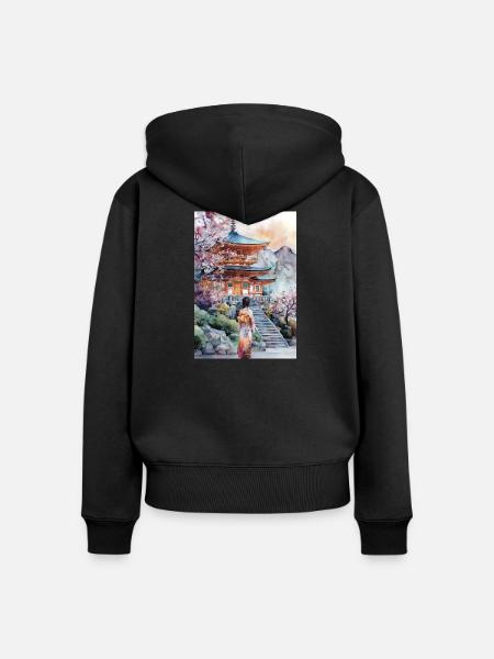 Kimono-Pagode und Kirschbäume - Frauen Premium Bio Zip Hoodie - Schwarz