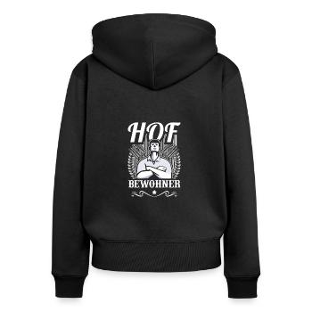 Landwirtschaft Bauernhof Geschenk · Hof Bewohner - Frauen Premium Bio Zip Hoodie - Schwarz - Hinten - Julia (174cm)