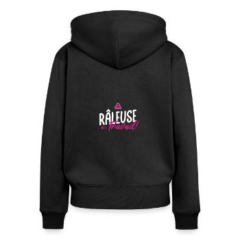 RRUMMER at work. For the one who complains at work - Women's Premium Organic Zip Hoodie - black - Back - Julia (174cm)