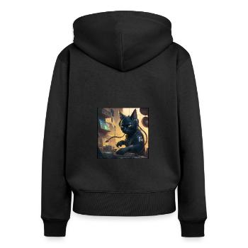 Cyberkatze am DJ-Mischpult - Frauen Premium Bio Zip Hoodie - Schwarz - Hinten - Julia (174cm)