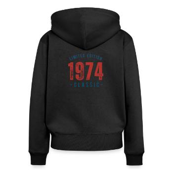 Year of construction: 1974 - Women's Premium Organic Zip Hoodie - black - Back - Julia (174cm)