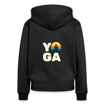 Regenbogen-Retro-Schriftzug Yoga mit Ornamenten - Frauen Premium Bio Zip Hoodie - Schwarz - Hinten - Julia (174cm)