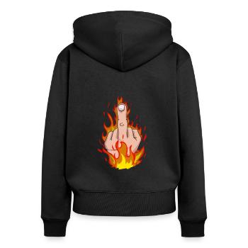 Mittelfinger mit Flammen - Frauen Premium Bio Zip Hoodie - Schwarz - Hinten - Julia (174cm)