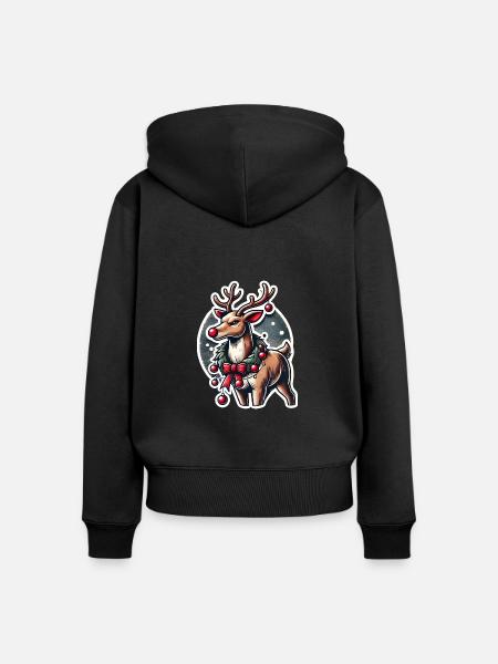 Rentier mit Weihnachtskranz - Frauen Premium Bio Zip Hoodie - Schwarz