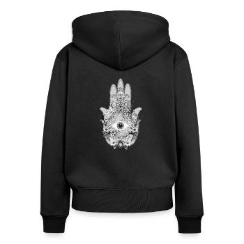 kunstvoll geschmückte Hand Fatimas mit Auge - Frauen Premium Bio Zip Hoodie - Schwarz - Hinten - Julia (174cm)