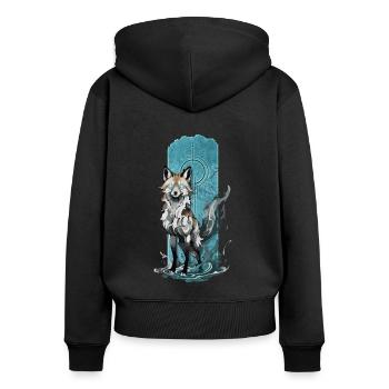 Ätherischer Fuchsgeist: Mystischer blauer Flammenfuchs - Frauen Premium Bio Zip Hoodie - Schwarz - Hinten - Julia (174cm)