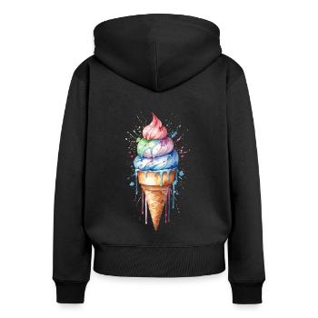 Rainbow Delight : Cornet de crème glacée à l’aquarelle - Sweat à capuche zippé Premium bio Femme - noir - Dos - Julia (174cm)