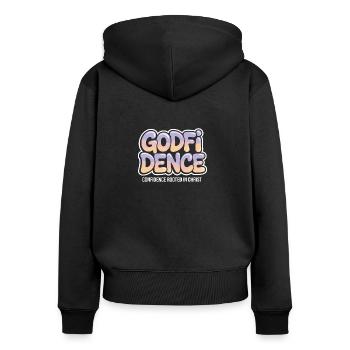 Christlicher Mut: Godfidence Stärke - Frauen Premium Bio Zip Hoodie - Schwarz - Hinten - Julia (174cm)