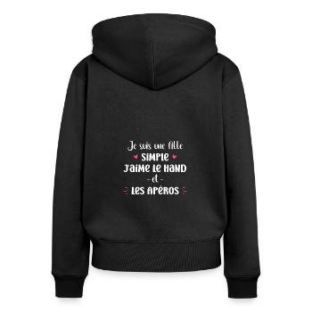 Fille simple j'aime le hand et les apéros - Sweat à capuche zippé Premium bio Femme - noir - Dos - Julia (174cm)