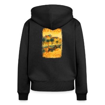 Aveiro, Portugal – Affiche aquarelle Moliceiros - Sweat à capuche zippé Premium bio Femme - noir - Dos - Julia (174cm)