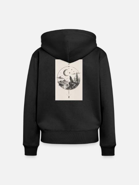 Mondwolf am Felsgipfel - Frauen Premium Bio Zip Hoodie - Schwarz