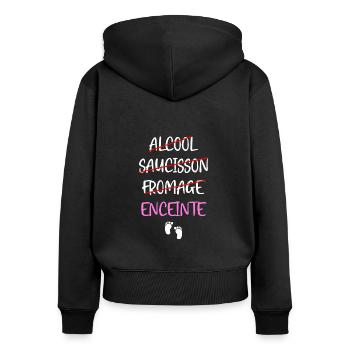 Alcool saucisson fromage enceinte t-shirt - Sweat à capuche zippé Premium bio Femme - noir - Dos - Julia (174cm)